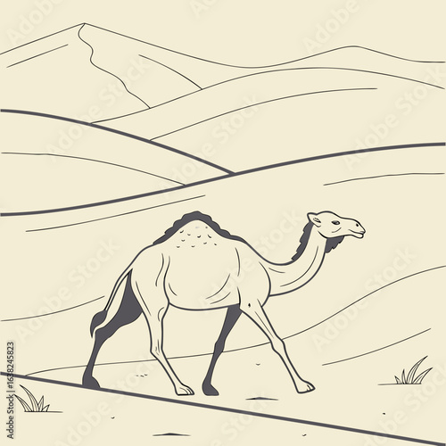 Camel Trek in Desert: An illustrated camel traverses the undulating dunes of the vast desert, its silhouette a testament to resilience against the backdrop of rolling hills.