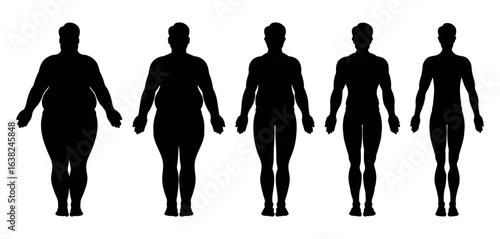 Male body silhouette transformation from obese to fit and skinny. Weight loss and fitness concept. Vector illustration