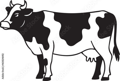 Classic spotted dairy cow illustration in black and white. Vector livestock graphic for farm and milk production themes.