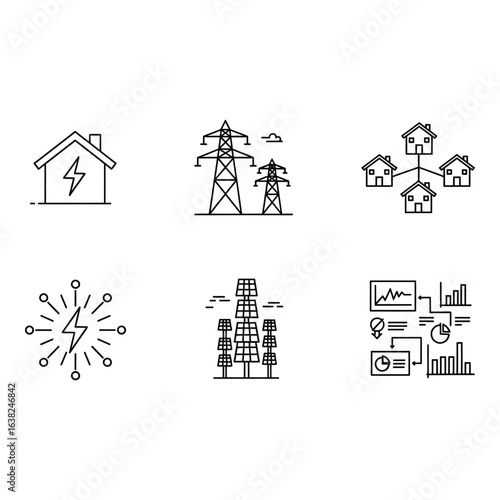 Renewable Energy Sources and Smart Grid Technology Black and White Vector Illustration Icons Set Concept