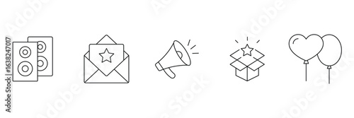 Speaker announcement, star message, festive megaphone, surprise gift box, heart balloon celebration icon vector illustration for upload