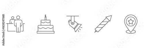 Event icons, celebration vector illustration for party, cake, spotlight, fireworks, location pin icon upload