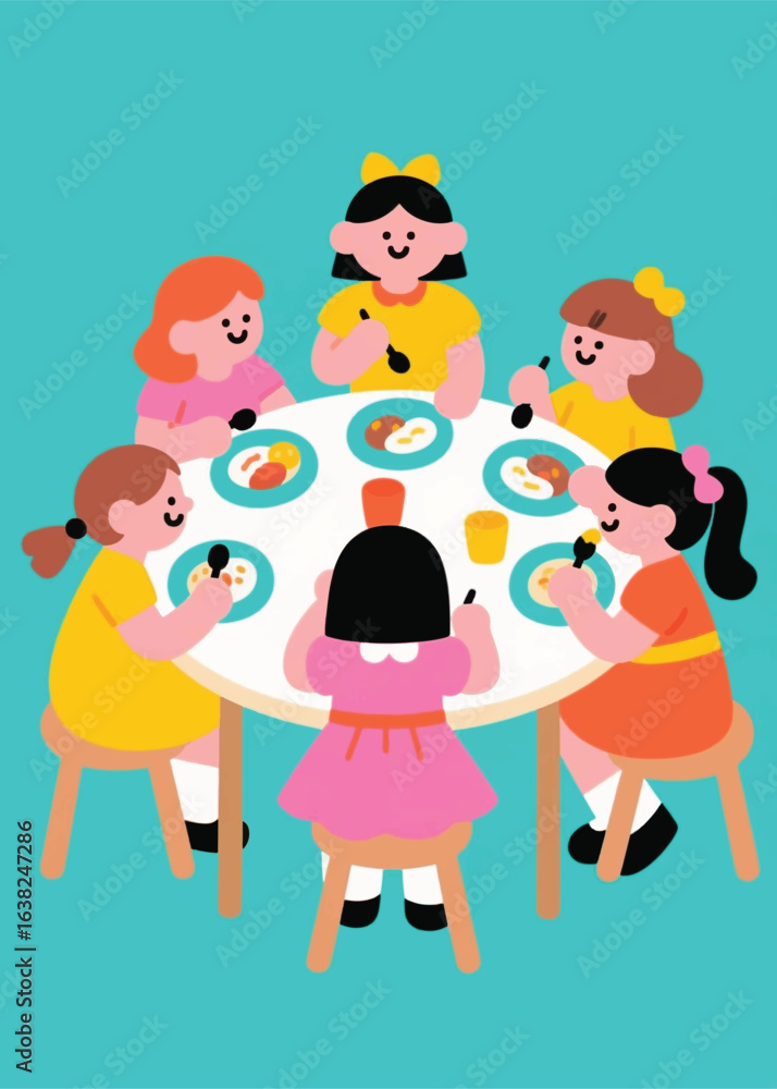 Naklejka premium little girls eating together happily Illustrator Artwork design template poster