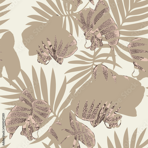 Tropical monochrome seamless pattern with orchid flowers and leaves flowers in light beige tones. Vector floral illustration.