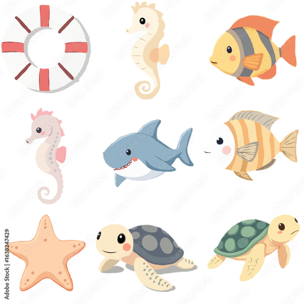 Naklejka premium Sea Animals Vector Set - Cute, Cartoon Themed Animal Designs 