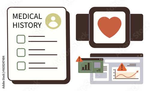Heart-shaped smartwatch, medical history checklist, and warning-marked analytics dashboards. Ideal for healthcare, technology, monitoring, data analysis, fitness tracking, wellbeing diagnostics