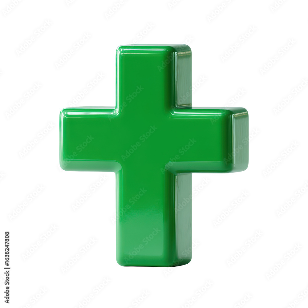 Fototapeta premium Green glossy plus sign medical symbol healthcare icon, isolated on transparent background, perfect cutout, PNG