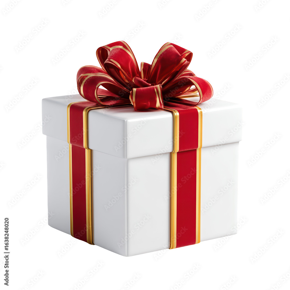 Obraz premium Elegant White Gift Box Red Gold Ribbon Festive Surprise, isolated on transparent background, perfect cutout, PNG