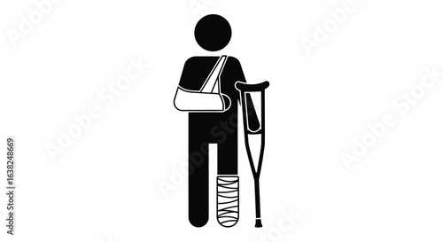 Vector illustration of person with a broken arm and leg using a crutch isolated on white background