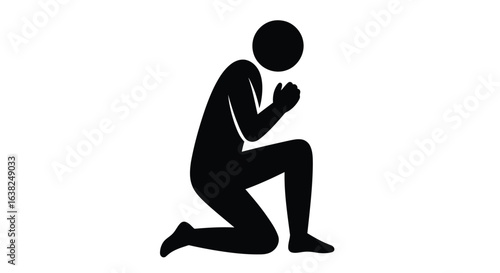 Vector illustration of a black silhouette of a man kneeling in prayer isolated on white background