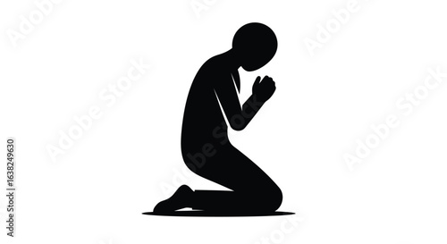 Vector illustration of silhouette of a person kneeling in prayer isolated on white background