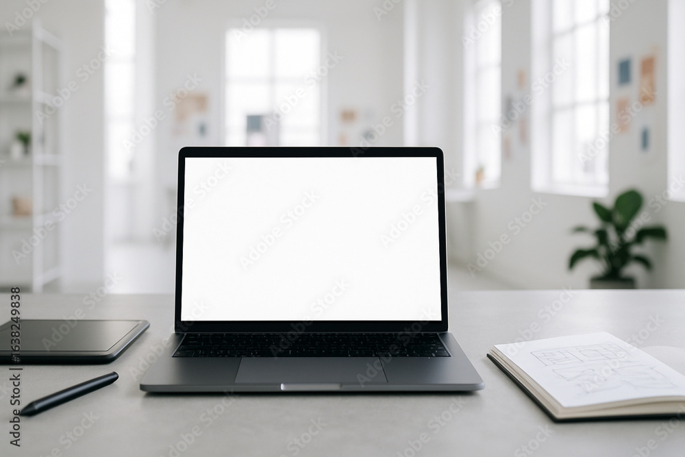 Fototapeta premium Laptop with blank screen for mockup on a minimalist concrete desk in a modern creative studio.