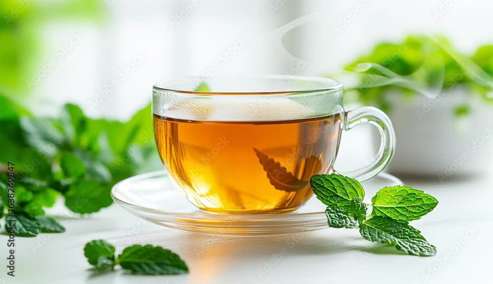 Glass tea cup with saucer filled with amber golden tea, clear transparent glass teacup with handle, fresh green mint leaves as garnish on saucer and scattered around
Glass tea cup with saucer filled with amber golden tea, clear transparent glass teacup with handle, fresh green mint leaves as garnish on saucer and scattered around