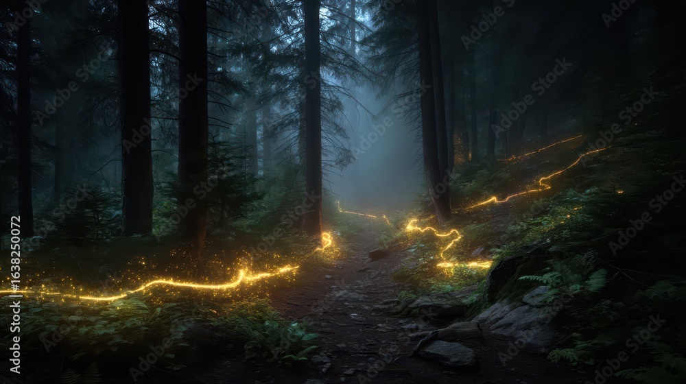 Obraz premium Glowing Wisps Illuminate a Dark Forest Trail at Dusk