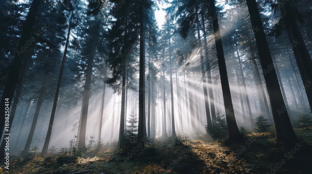 Obraz premium Foggy Pine Forest with Sunlight Rays Illuminating the Ground