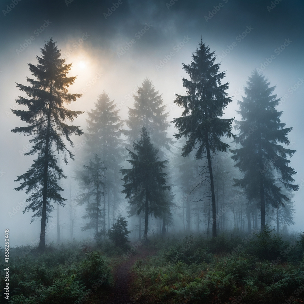Fototapeta premium Eerie fog drifting through a dark forest with tall pine trees
