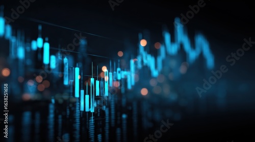A dynamic financial graph illustrating market trends with glowing data points on a dark background.