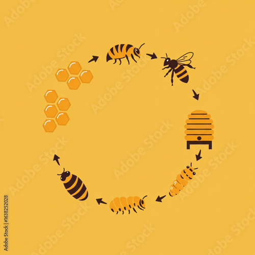 Honeybee Life Cycle Vector Illustration Featuring Egg, Larva, Pupa, And Adult Bee With Hive And Honeycomb Elements In Warm Yellow And Brown Tones