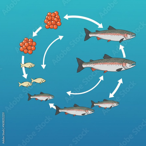Salmon  Life Cycle Vector Illustration Showing Stages From Egg To Spawning Adult, Minimal Flat Design With Clean Arrows, Blue Water Theme
