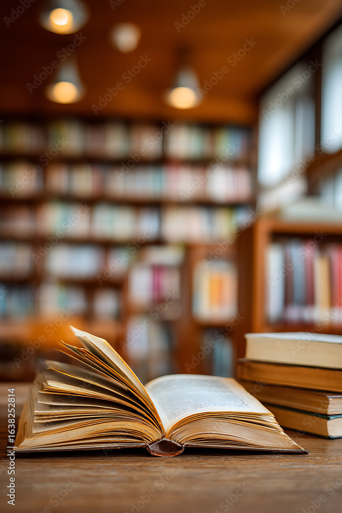 Fototapeta premium Open Book on Wooden Table in Library with Blurred Bookshelves Background