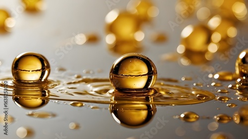 Macro photography of golden liquid droplets on a smooth reflective surface, warm lighting, luxurious aesthetic, no people,Generative Ai
