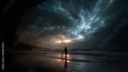 Solitary Figure's Journey. A lone figure stands at the water's edge, silhouetted against a dramatic coastal backdrop of stormy skies, evoking a sense of introspection and wonder. 