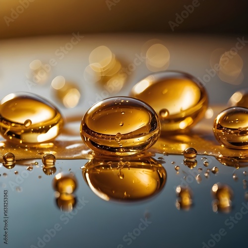 Macro photography of golden liquid droplets on a smooth reflective surface, warm lighting, luxurious aesthetic, no people,Generative Ai
