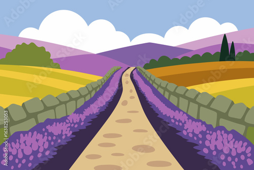 A long winding road carves through a verdant country landscape under a vast blue sky with fluffy white clouds