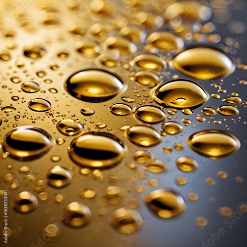 Macro photography of golden liquid droplets on a smooth reflective surface, warm lighting, luxurious aesthetic, no people,Generative Ai
