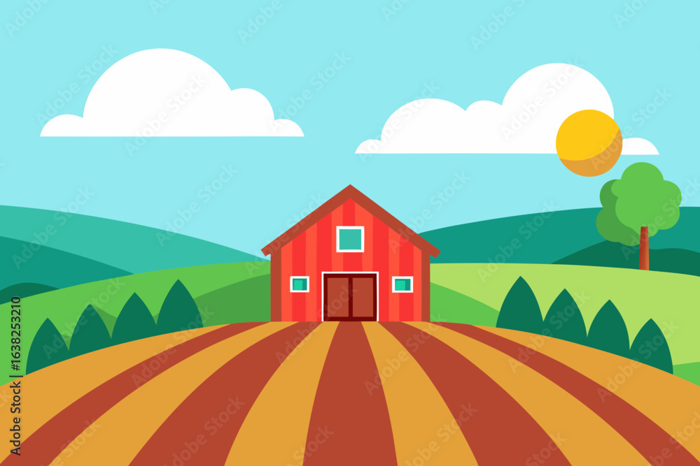 Naklejka premium A charming cartoon village with houses, green meadows, and a vibrant sky, perfect for a summer illustration