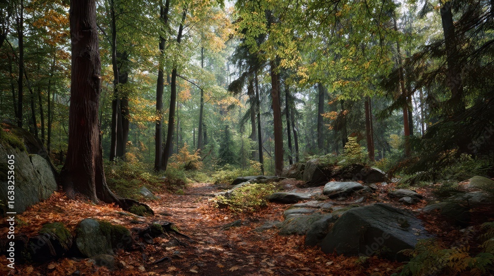 Fototapeta premium Tranquil Autumn Forest with Fallen Leaves and Lush Greenery