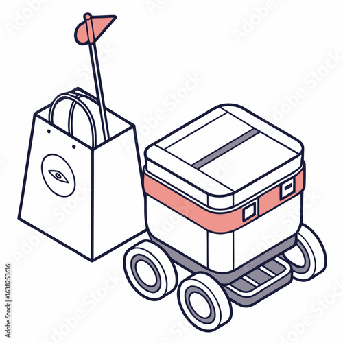 Automated delivery robot with shopping bag and flag