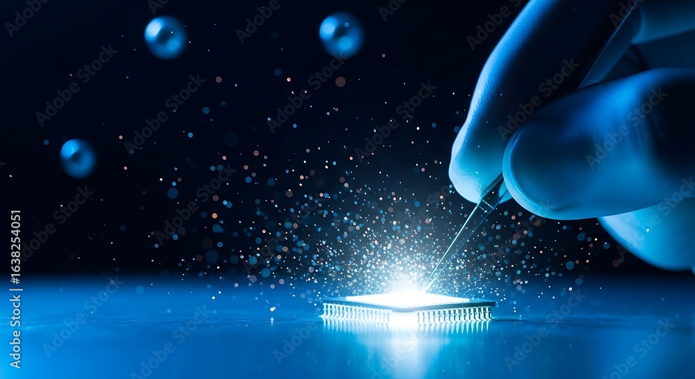 Hand in blue glove touching glowing computer chip with sparks microchip technology Hand in blue glove touching glowing computer chip with sparks microchip technology