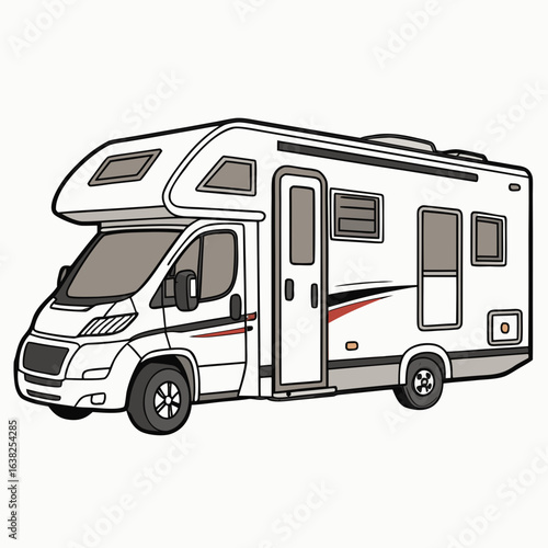 White camper van with grey accents and red stripe motorhome