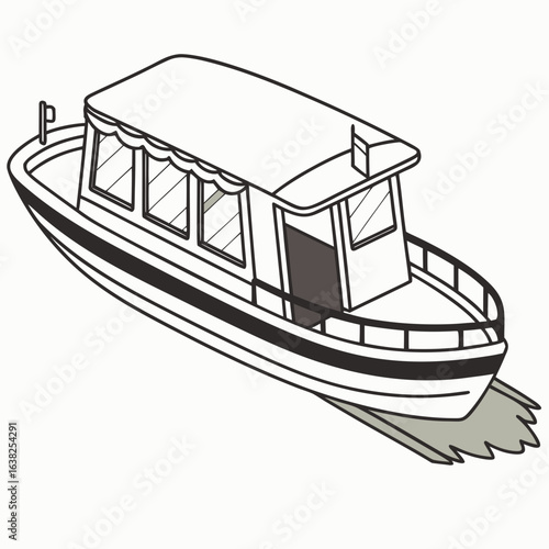 White passenger boat with black stripes moving through water
