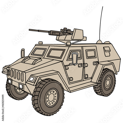 Tan armored vehicle with mounted weapon military
