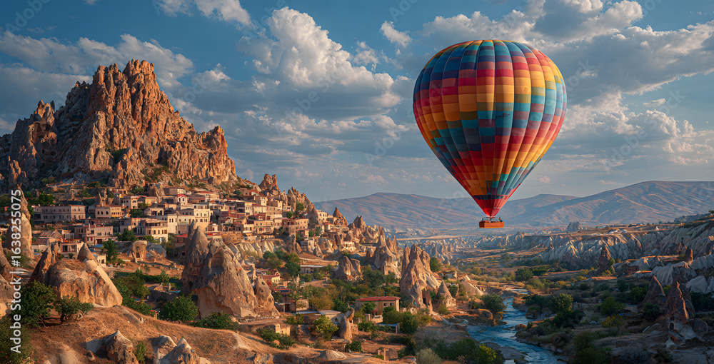 Obraz premium Hot air balloon flying mountain valley Göreme National Park and the Rock Sites of Cappadocia Turkey