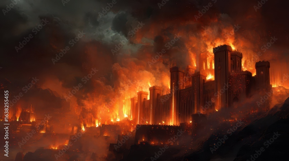 Obraz premium Fortress on Fire During Dramatic Raid with Intense Flames and Smoke