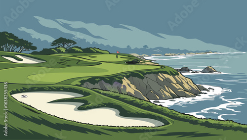 A scenic golf course overlooking the ocean with mountains in the background on a sunny day scene