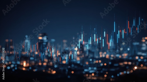 Fototapeta Naklejka Na Ścianę i Meble -  Abstract financial data visualizations over a city skyline at night, showcasing market trends and investment insights.