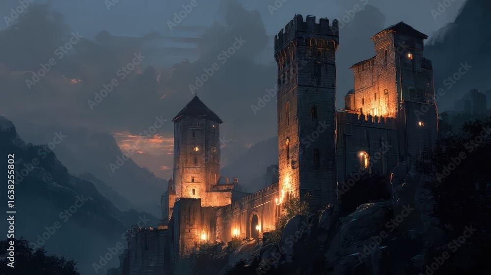Fototapeta premium Fortress at Twilight with Lit Torches Illuminating the Landscape