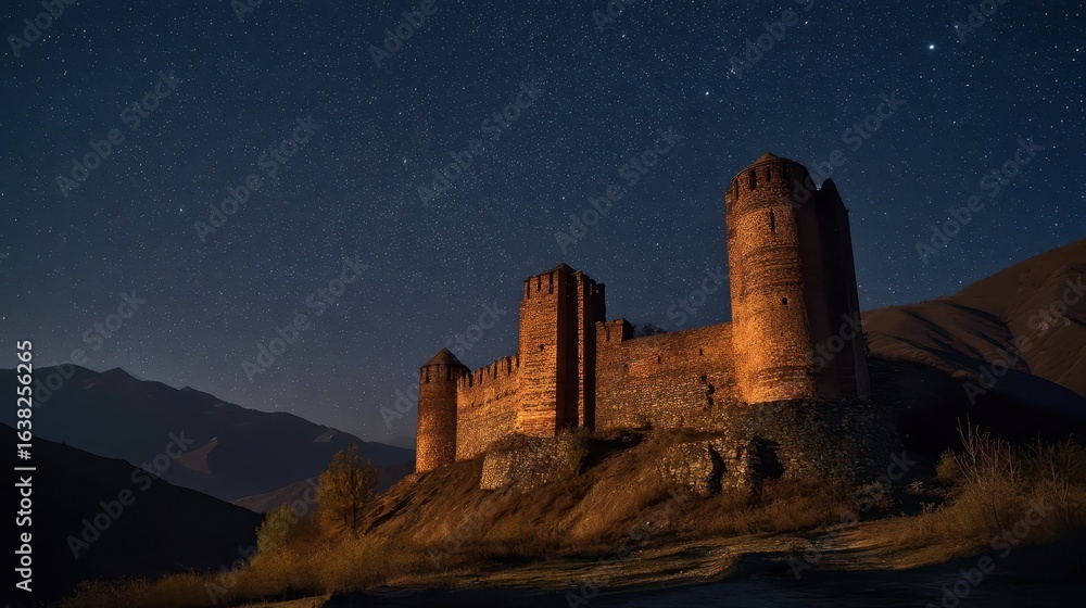 Fototapeta premium Illuminated Fortress Under Starlight in Serene Night Sky