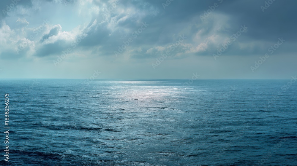 Obraz premium Calm ocean surface reflecting sky with blue hues and soft clouds, creating a serene and peaceful atmosphere.