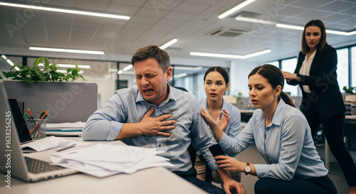 A young man clutches his chest in pain, showing signs of a possible heart attack or severe chest discomfort while sitting indoors
