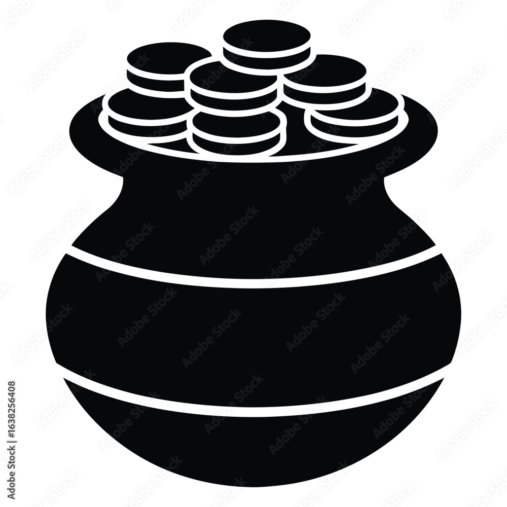 Black pot filled with stacked coins money wealth Black pot filled with stacked coins money wealth