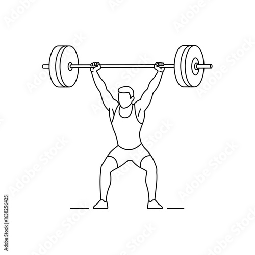 A minimalist line art illustration of a male weightlifter holding a heavy barbell overhead.