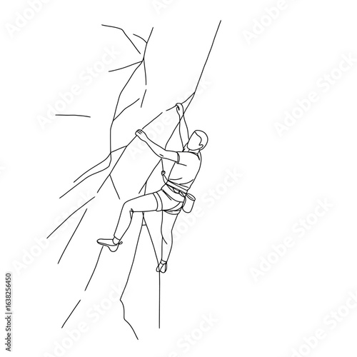 A minimalist line art drawing of a male rock climber scaling a steep, craggy cliff face.