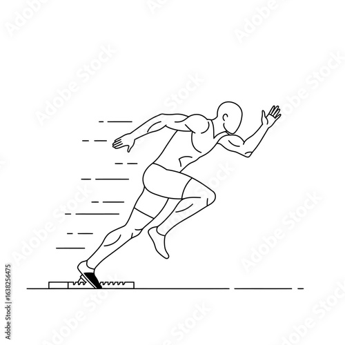 A line art illustration of a male sprinter exploding from the starting blocks at the beginning of a race.