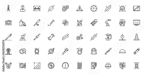 Engineering icon set. Professional vector collection. Includes theodolite, electrical circuit, civil engineering, robotics, aerospace, biomedical, and more. Editable linear icons.