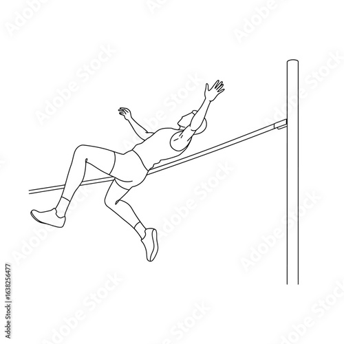 A line art illustration of a male athlete clearing the bar during a high jump event.